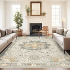 8x10 Area Rugs for Living Room, Vintage Washable Rug with Non-Slip Backing, Stain Resistant Large Area Rug for Dining Room, Soft Rugs for Bedroom (Orange/Light Grey, 8'x10')
