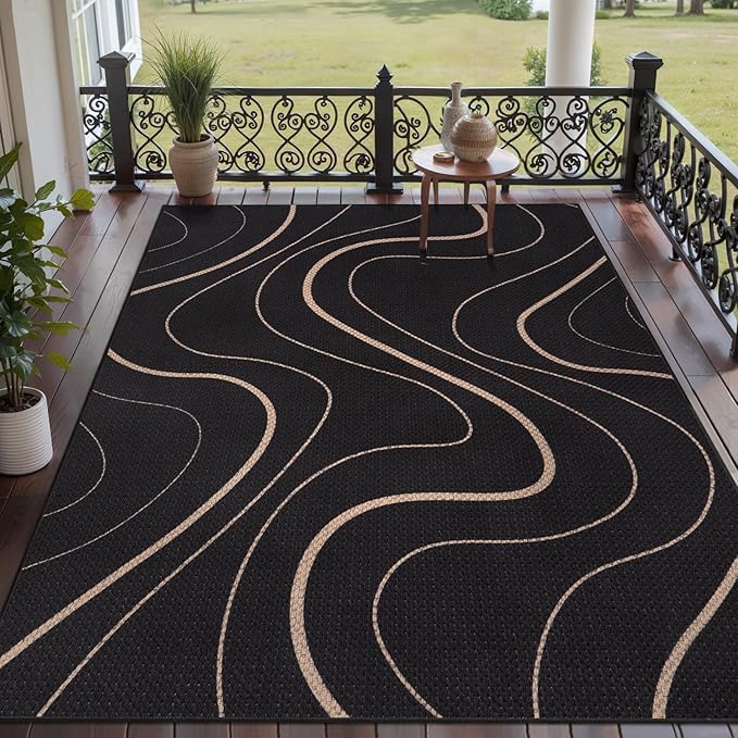 Tangsoo Modern Easy Jute 5x7 Area Rug for Living Room,Washable Rug Non Slip Thin Indoor Outdoor Carpet,Farmhouse Black Lines Throw Mat for Office Balcony Backyard Patio Home Decor