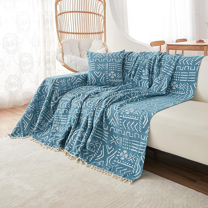 VClife Boho Couch Cover for 3 Cushion Couch Sofa Durable Soft Chenille Sofa Slipcover for Sectional Sofa, 1 PC Multi-Functional Sofa Covers Protector, Blue and White Furniture Protector 71" x 134"