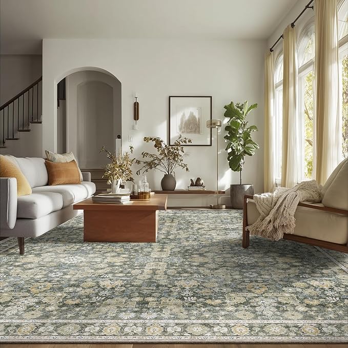 Washable Rugs for Living Room: 9x12 Area Rugs for Bedroom Ultral Soft Non-Slip Stain Resistant Vintage Boho Large Carpet for High-Traffic Dining Room - Farmhouse Decor
