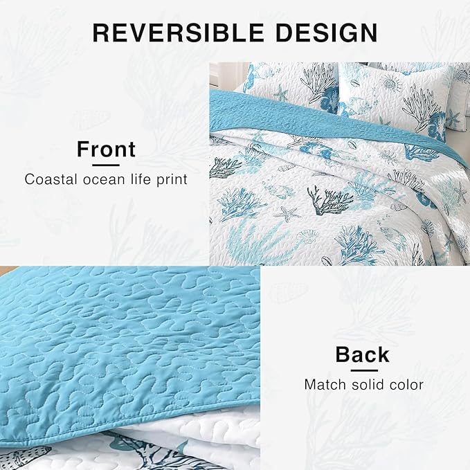 HORIMOTE HOME Coastal Quilt Bedding Set King Size, Reversible Blue Summer Beach Quilt Lightweight Ocean Nautical Comforter Tropical Bedspread Coverlet with 2 Pillow Shams for All Seasons (106"x96")