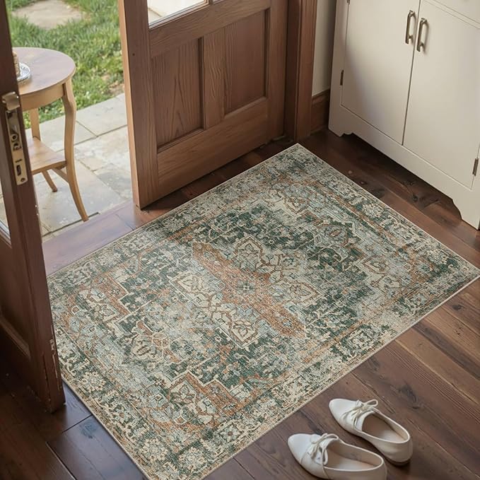 Entryway Rug Door Mat, Washable Samll 2x3 Rug, Green Boho Front Door Mat, Non Slip Area Rugs, Low Pile Throw Accent Entry Carpet for Indoor Entrance, Bathroom and Kitchen(Green 2x3ft)