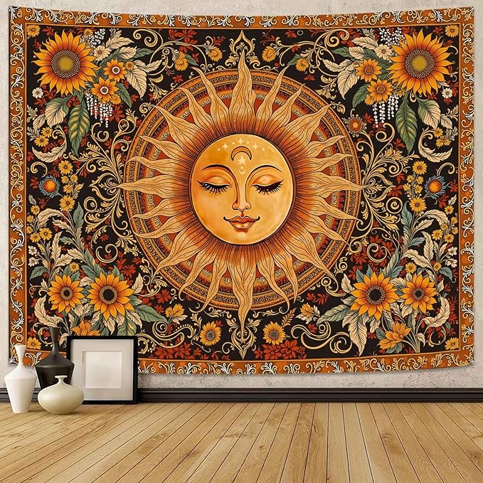 Spenlife Celestial Sun Tapestry, Boho Floral Tapestries for Bedroom, Aesthetic Wall Decor, Sunflower Tapestries (60" x 44")