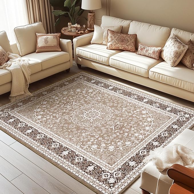 Lessymo 6 x 9 Area Rugs for Living Room, Machine Washable Area Rugs Boho Faux Wool Low Pile Area Rug for Bedroom, Floral Medallion Vintage Rugs with Non-Slip Rubber, Kid & Pet Friendly,Brown White