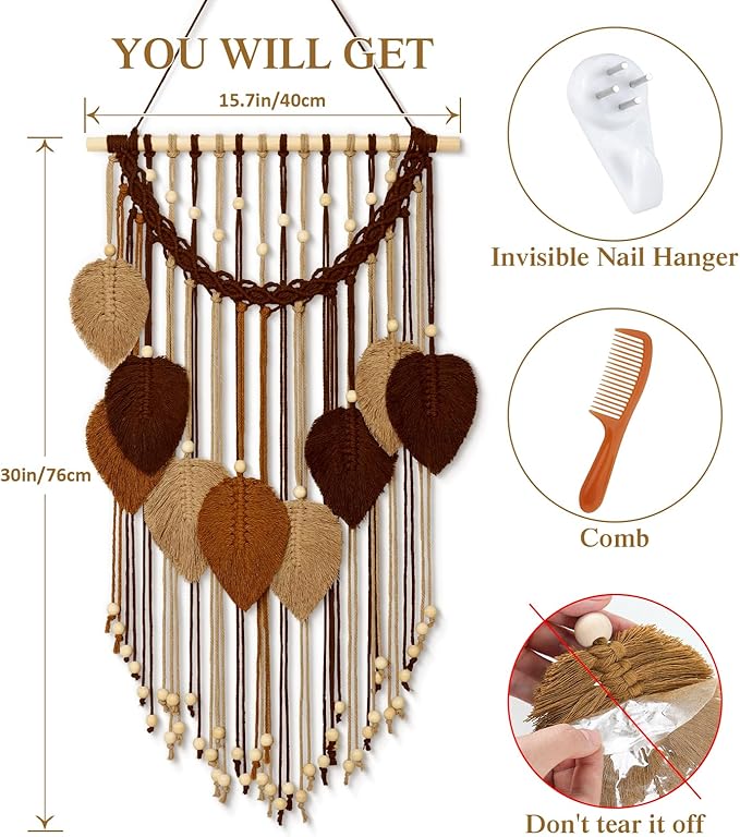 Weldomcor Macrame Wall Hanging Boho Leaf Woven Tapestry, Bohemian Chic Home Decor Modern Handmade Leaves Feather Wall Art Decorations for Bedroom Living Room Apartment Ornament 16.5" W X 31.5" L