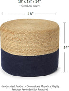 · REDEARTH · Cylindrical Pouf Foot Stool Ottoman - Jute Braided Pouffe Poof Accent Sitting Footrest for Living Room, Bedroom, Nursery, Patio, Lounge & Other Rooms (Navy Natural, 18"X18"X14")