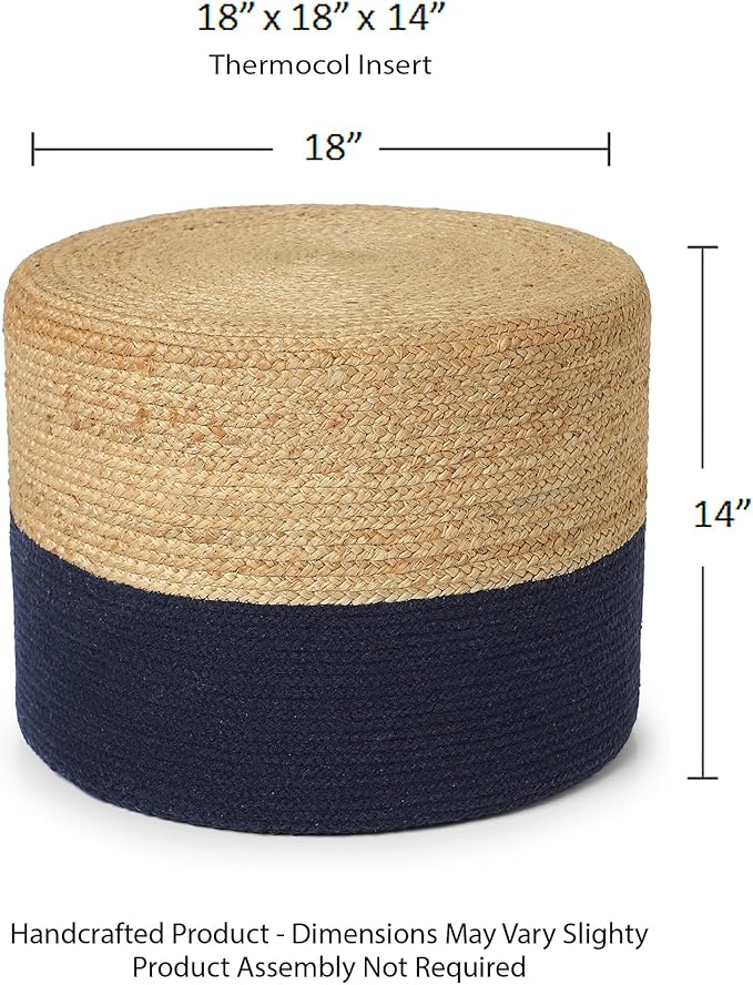 · REDEARTH · Cylindrical Pouf Foot Stool Ottoman - Jute Braided Pouffe Poof Accent Sitting Footrest for Living Room, Bedroom, Nursery, Patio, Lounge & Other Rooms (Navy Natural, 18"X18"X14")