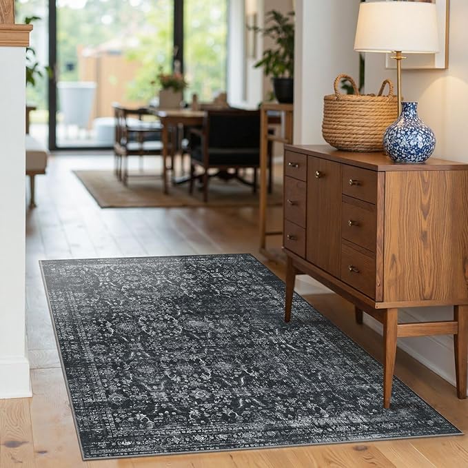 3x5 Rug for Entryway Bedroom, Black 3x5 Washable Area Rug, Vintage Retro Boho Throw Rug, Non Slip & Low Pile Small Carpet for Indoor Kitchen, Bedside, Living Room, Bathroom and Dining