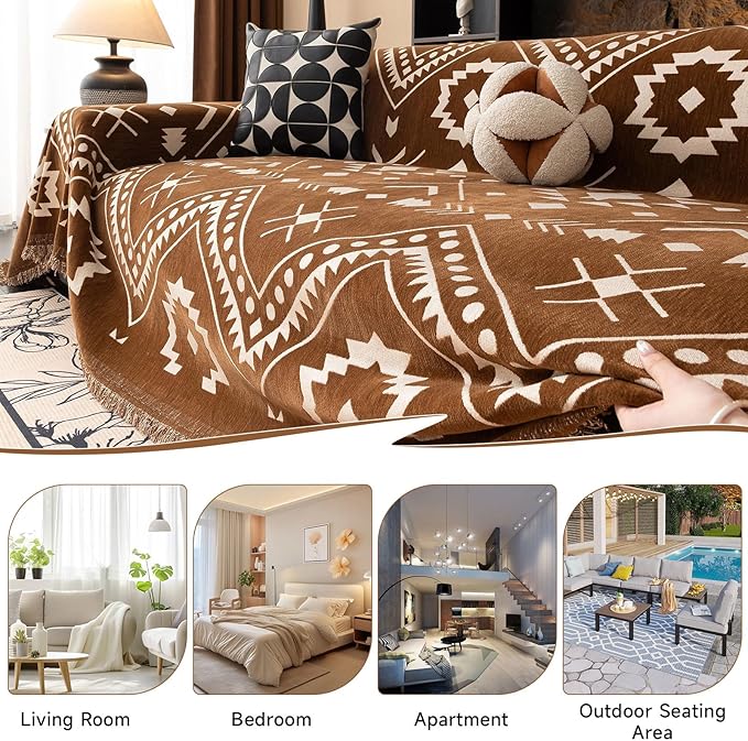 VClife Bohemian Couch Cover Aztec Geometric Chenille Sofa Cover for Sectional Couch - Brown and White Zigzag Pattern Sofa Slipcover for 2 Cushion Couch Sofa 71" X 150"