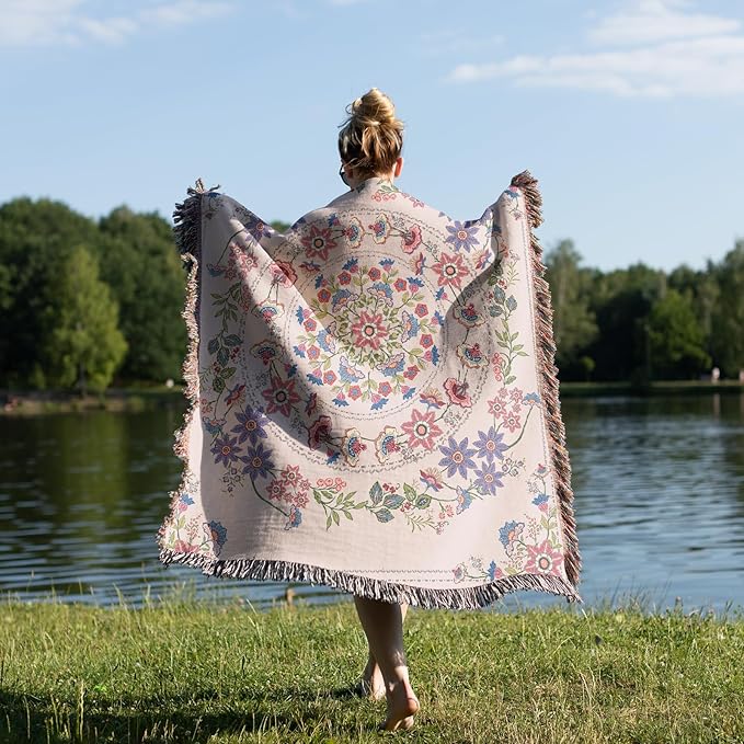 Mandala Flower Boho Throw Blanket for Couch Bed Chair Lounge Hippie Room Decor Reversible Cotton Woven Whimsical Throw Blanket Witchy Room Decor Throws Bed Spread Outdoor Camping Blanket 51x59 Inches