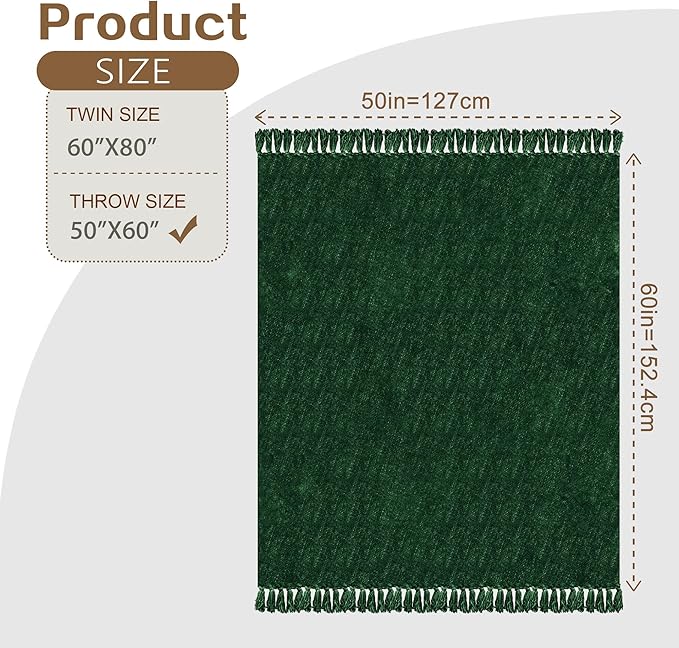 Chenille Throw Blanket for Couch with Tassels,50"X60" Soft Cozy Lightweight Knitted Boho Decorative Blankets for Bed and Sofa,Dark Green