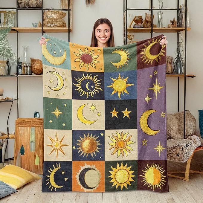 Sun and Moon Throw Blanket, Bohemian Soft Cozy and Warm Couch Blankets Gift for Sun and Moon Lover, Decorative Blankets for Sofa Couch Bed, Dark Brown 60×80 inches