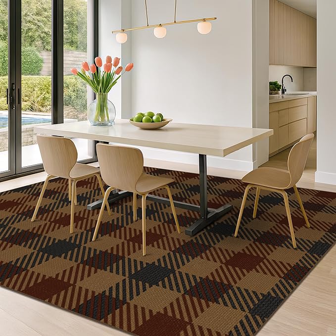 JTJ Vintage Large Plaid Area Rug for Living Room - Classic 8x10 Easy Jute Classic Brown and Red Rug for Bedroom, Dining Room, Outdoor Porch, Neutral Dark Brown Retro Décor