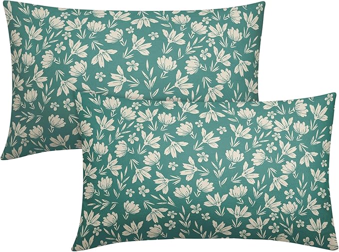 Aqua Pillow Covers 12x20 Set of 2 Vintage Floral Rustic Old Style Cute Flower Print Rectangle Decorative Outdoor Pillowcases Seasonal Farmhouse Throw Cushion Case Couch Sofa Bed Decor