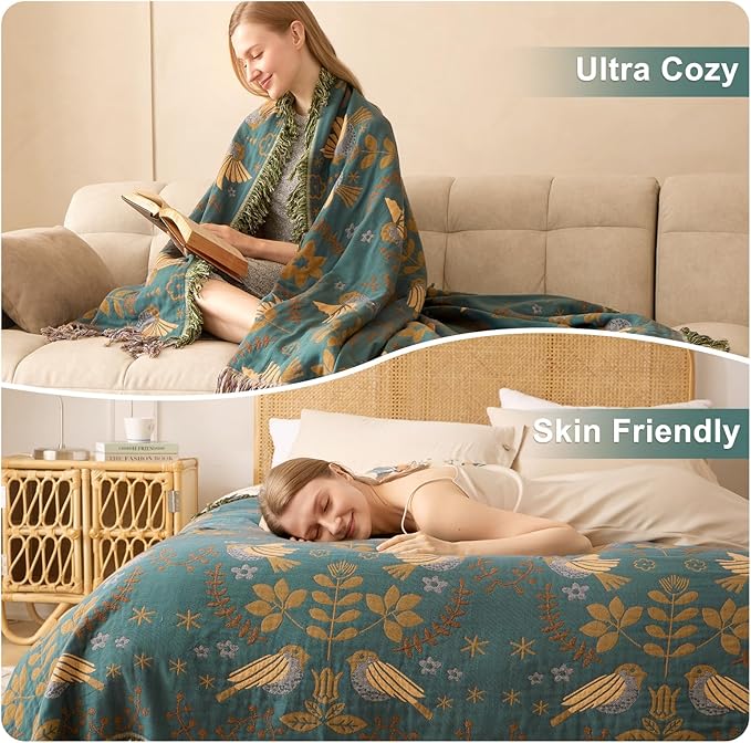 Boho Throw Blanket - 100% Cotton Soft Throw Blanket for Bed, 60"x80" Reversible Breathable Lightweight Spring Blankets, All Seasons Farmhouse Decor Floral Plant Throw Quilt