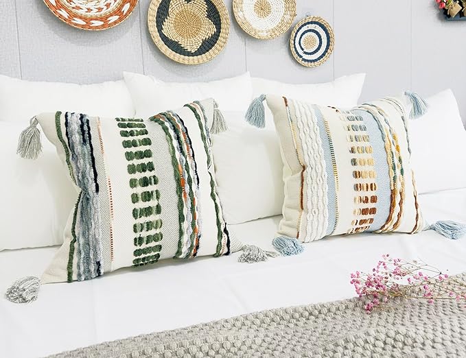 Boho Throw Pillow Covers 16x16 Aesthetic Neutral Boucle Couch Pillow Cover Rainbow Striped Decorative Accent Pillow Case for Couch Bed Sofa Farmhouse Bedroom,Modern Funky,Set of 2 Sage Green