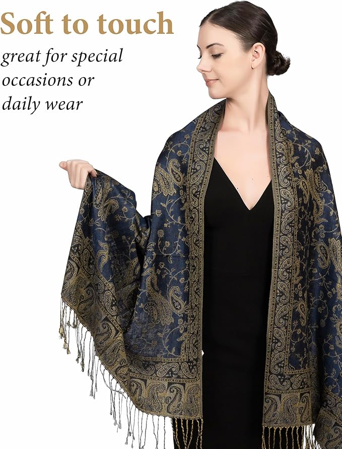 Achillea Reversible Paisley Pashmina Rave Scarf – Exotic Indian Shawls and Wraps for Evening Dresses, Festivals, All Seasons