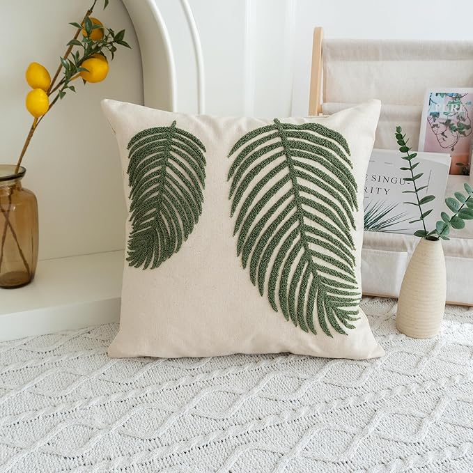 Linen Green Leaf Throw Pillow Cover, Square Pillowcase with Tufted Tropical Palm Leaves, Modern Decorative Cushion Sham for Rustic Spring Summer Home Outdoor Decor, 18x18 inches, 1PCS