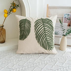 Linen Green Leaf Throw Pillow Cover, Square Pillowcase with Tufted Tropical Palm Leaves, Modern Decorative Cushion Sham for Rustic Spring Summer Home Outdoor Decor, 18x18 inches, 1PCS