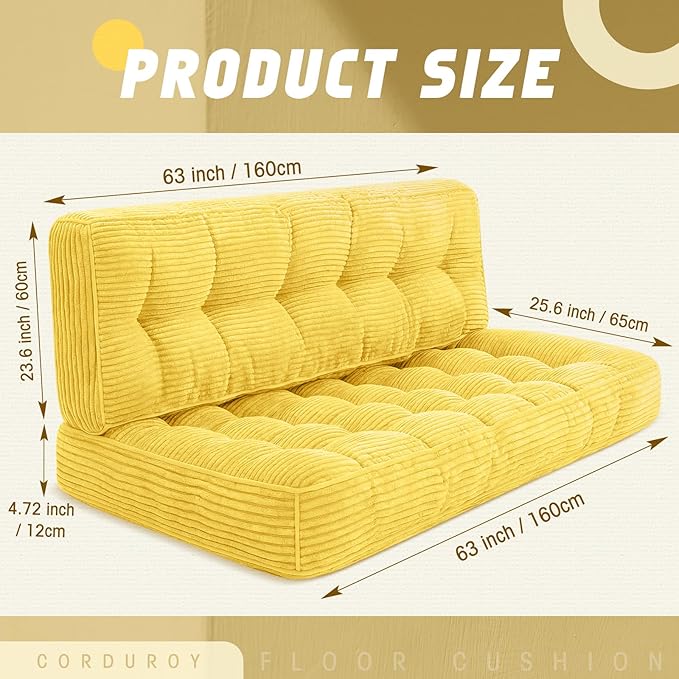 63 Inch Folding Bench Cushion, 4 Inch Thick 2-in-1 Convertible Long Floor Lounger Boneless Cushions Couch Mattress Upholstered for Yoga, Reading, Sleeping, Meditation Living Room(Yellow)