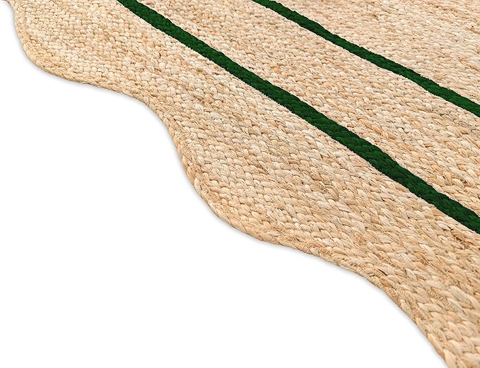 Wave Scalloped Natural Jute Rug Boho Jute Rug Entryway Runner Rug Farmhouse Scallop Rug, Green (11'x14')