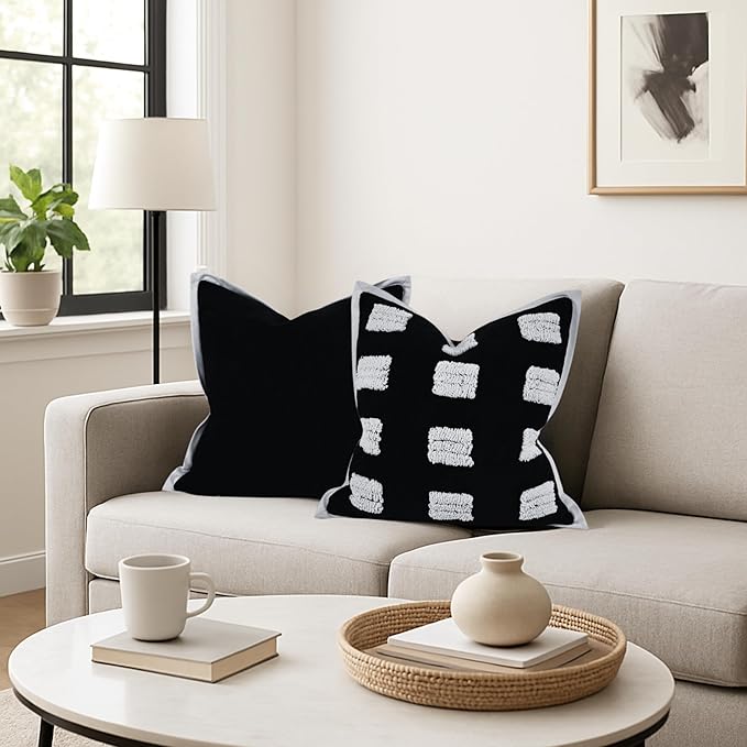 Tufted Boho Throw Pillow Cover, Soft and Luxurious Chenille Fabric, 18x18 inches, Decorative Black and White Pillowcase for Couch, Bedroom, Living Room, Modern Pillowcase for Home Decor