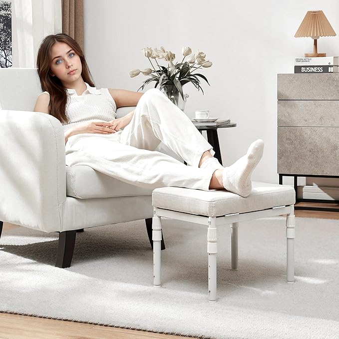 Adjustable Ottoman Pouf, 4 Height Position & 60 Degree Tilt Angle Adjustment Ottomans Footrest Foot Stools Pouffe Footstool for Under Desk Living Room Home(Beige)