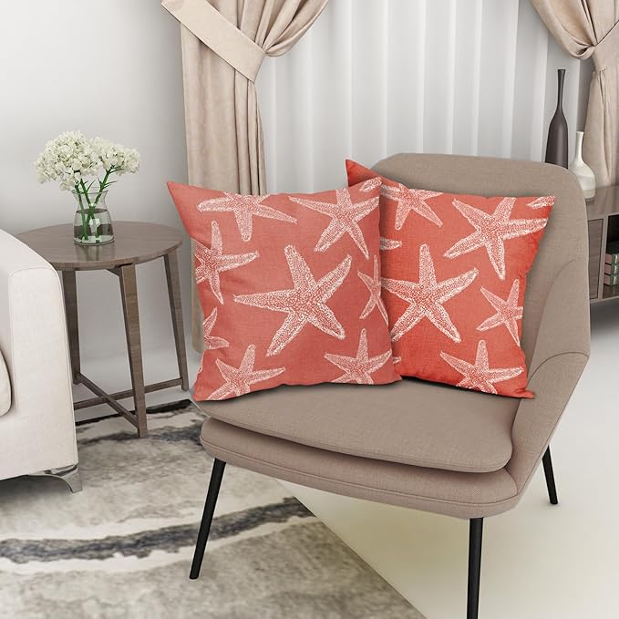 Kawani Beach Coral Starfish Pillow Covers 16X16 Inch Summer Nautical Coastal Ocean Decorative Pillow Cases Set of 2 Cotton Linen Throw Pillows Seasonal Home Decor for Sofa Couch Cushion Outdoor