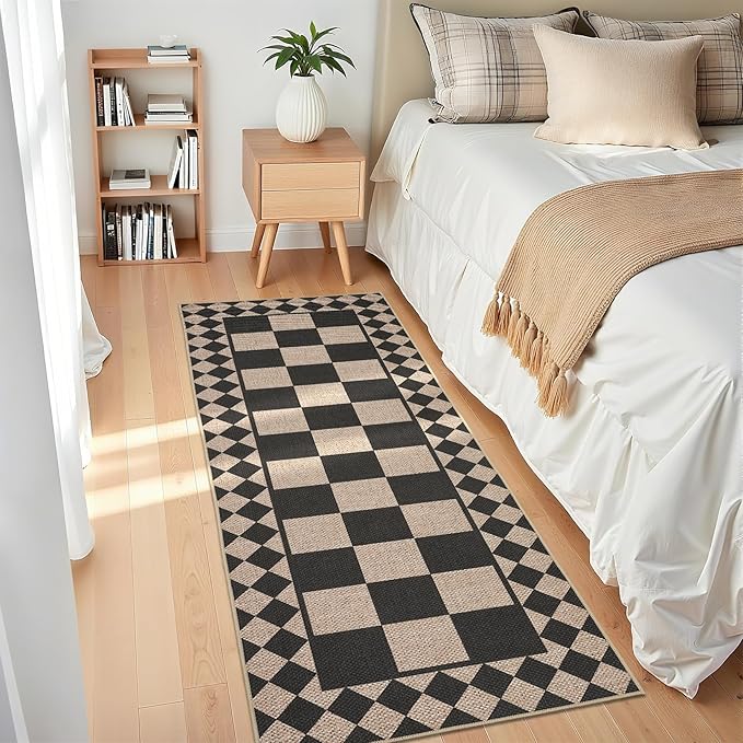 GarveeHome Checkered Jute Runner Rug 2x6 Kitchen Runner Rugs Indoor Outdoor Entryway Rug Non-Slip Washable Jute Rugs for Hallway Non Shedding Neutral Carpet for Bedside Front Door Porch, Natural