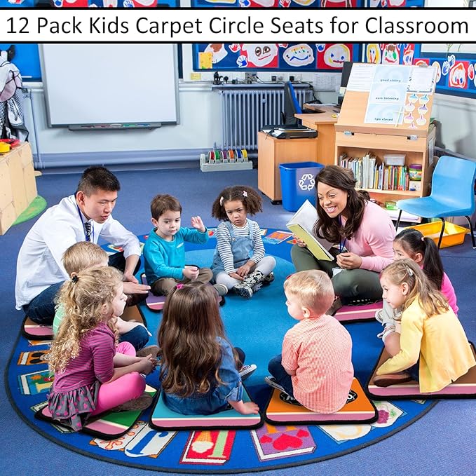 Tinideya 12 Pcs Kids Carpet Circle Seats for Class 16 Inch Round Classroom Rug Floor Cushions Soft First Day of School Educational Mat Non Slip Back to School Learning Playing Areas(Pencils)