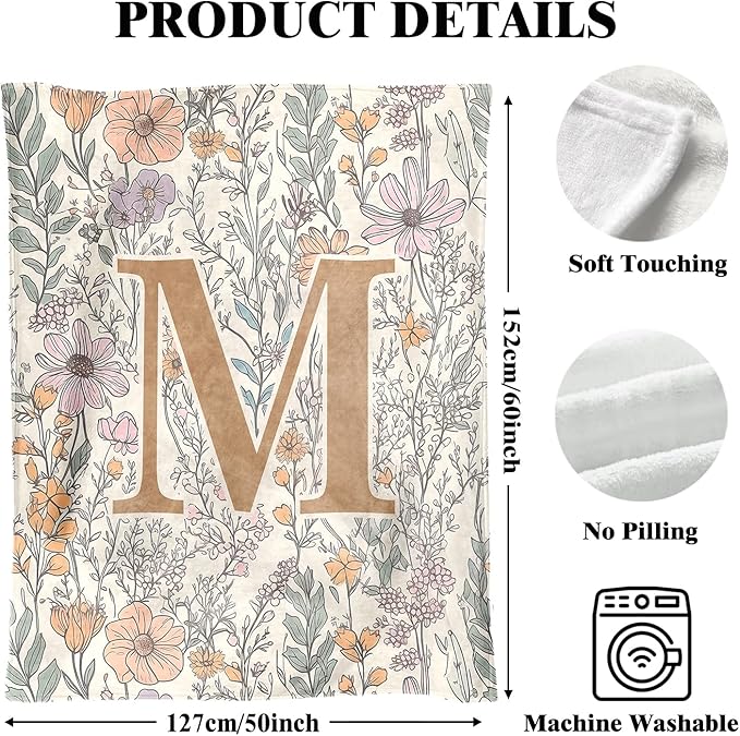 JXREQ Throw Blanket Initial Letter M Personalized Monogrammed Gifts for Women Teen Girls Frends, Boho Floral Throw Blankets for Bed Sofa Living Room Office, 50x60 Inch