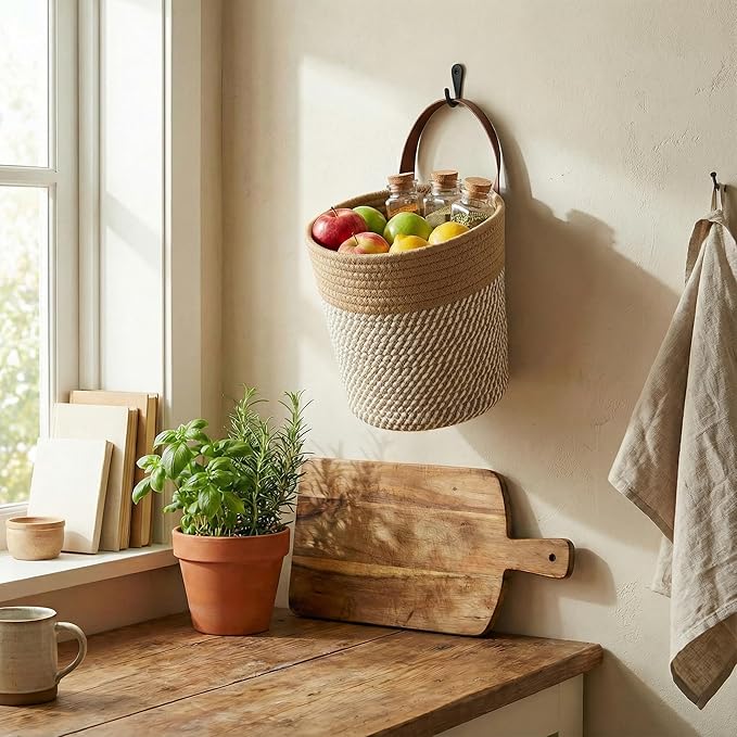 2Pack Natural Jute Hanging Baskets 7 * 8 in, Round Woven Wall Decor & Storage Planter for Plant Decor and Home Organization,Walls Basket for Bedroom, Living Room, Bathroom,Boho Decor (Brown)