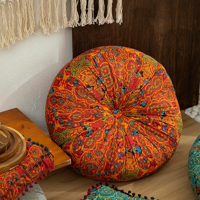 Moroccan Printed Round Chair Pads Cotton Linen Soft Comfort Chair Cushion Colorful Pompom Seat Cushions for Indoor Dining Room and Kitchen Chairs (Orange,22x22 Inch)