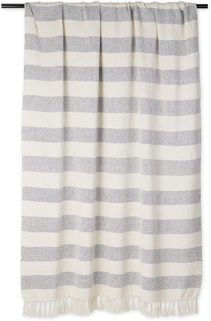 DII Rustic Farmhouse Cotton Cabana Striped Blanket Throw with Fringe, 50 x 60 - Cabana Striped Off-White with French Blue