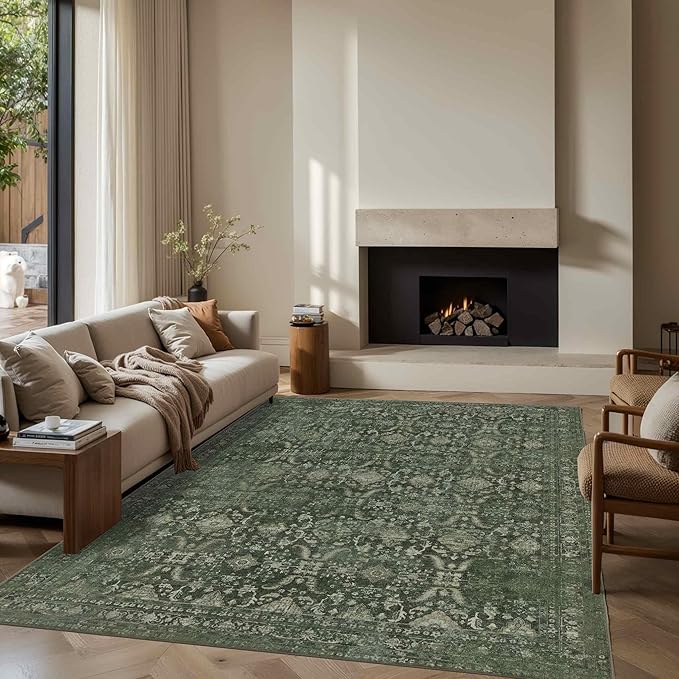6x9 Area Rugs for Living Room Bedroom, Large Washable Rug, Green Vintage Floral Boho Style, Non Slip & Low Pile Carpet for Indoor Dining Room, Dorm and Kids Room(Green 6x9ft)