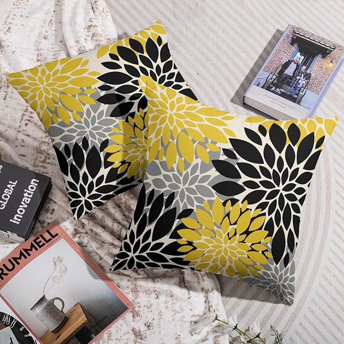 Black Light Yellow Pillow Covers 24X24 Inch Set of 2, Spring Summer Floral Dahlia Flower Cream Decorative Throw Pillow Covers Outdoor Modern Farmhouse Cushion Case for Home Couch Sofa Bed Decor