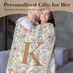 JXREQ Throw Blanket Initial Letter K Personalized Monogrammed Gifts for Women Teen Girls Frends, Boho Floral Throw Blankets for Bed Sofa Living Room Office, 50x60 Inch