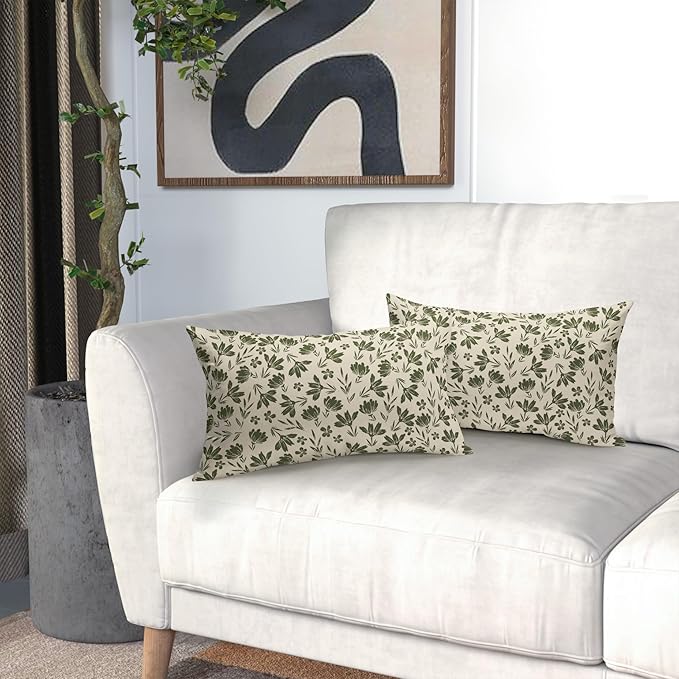 Olive Green Floral Pillow Covers 12x20 Set of 2 Vintage Rustic Old Style Cute Small Flower Green Cream Print Decorative Outdoor Pillowcases Farmhouse Throw Cushion Case Decor for Couch Sofa Bed