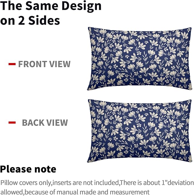 Navy Blue Pillow Covers 12x20 Set of 2 Vintage Floral Rustic Old Style Cute Flower Print Rectangle Decorative Outdoor Pillowcases Seasonal Farmhouse Throw Cushion Case Couch Sofa Bed Decor