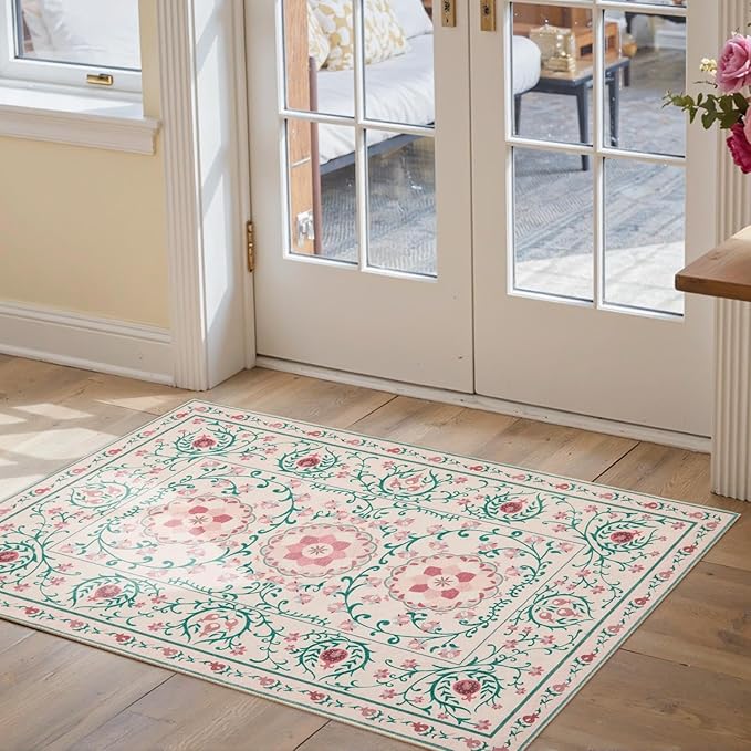 Pink Door Mat Floral Entryway Rug, Washable Samll 2x3 Rugs, Boho Front Door Mat, Non Slip Low Pile Throw Carpet for Indoor Entrance,Bathroom,Girls Room and Kitchen(Pink/Green 2x3ft)