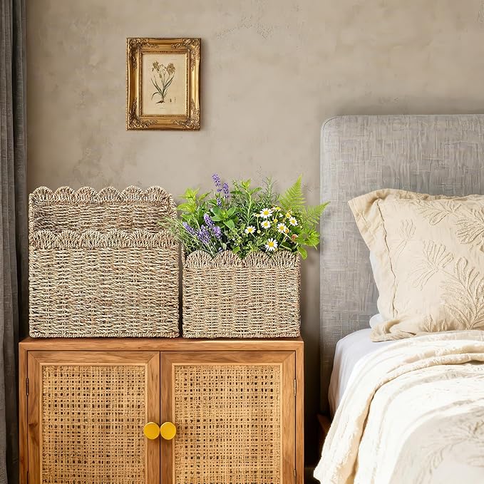 2 Pack Scalloped Seagrass Basket for Organizing Woven Wall Baskets for Front Door Mail Flowers Books Accessories Boho Rustic Farmhouse Wall Decor