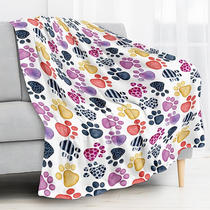 Throw Blanket for Couch, 300GSM Warm Soft Cozy Flannel Blanket, Cute Blanket for All Seasons Bedroom Home Decor Gifts, Colorful Dog Paws 50x60 Inches
