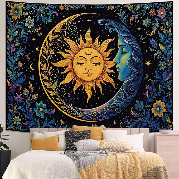 Accnicc Sun and Moon Tapestry for Bedroom Hippie Boho Floral Wall Tapestry Aesthetic Vintage Flower Plant Celestial Spiritual Large Tapestries Wall Hanging for Living Room Dorm 80 x 60 Inch