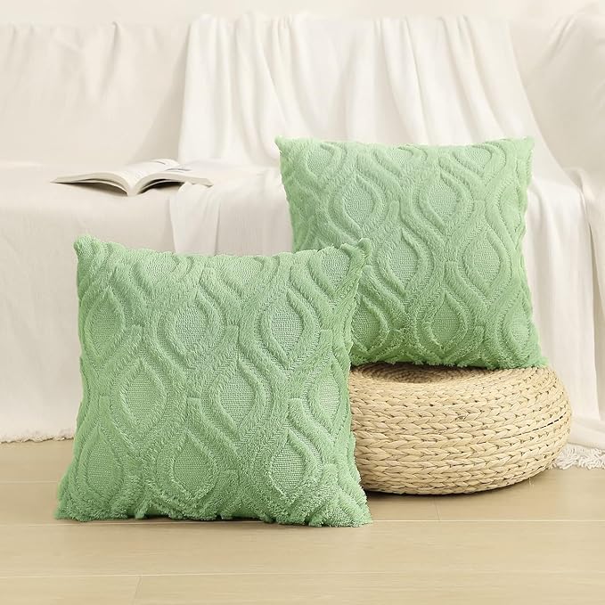 decorUhome Cozy Textured Euro Sham Throw Pillow Covers 24x24 Inch Set of 2, Soft Plush Faux Wool Light Sage Green Accent Couch Pillow Covers for Modern Farmhouse Sofa Bed Living Room