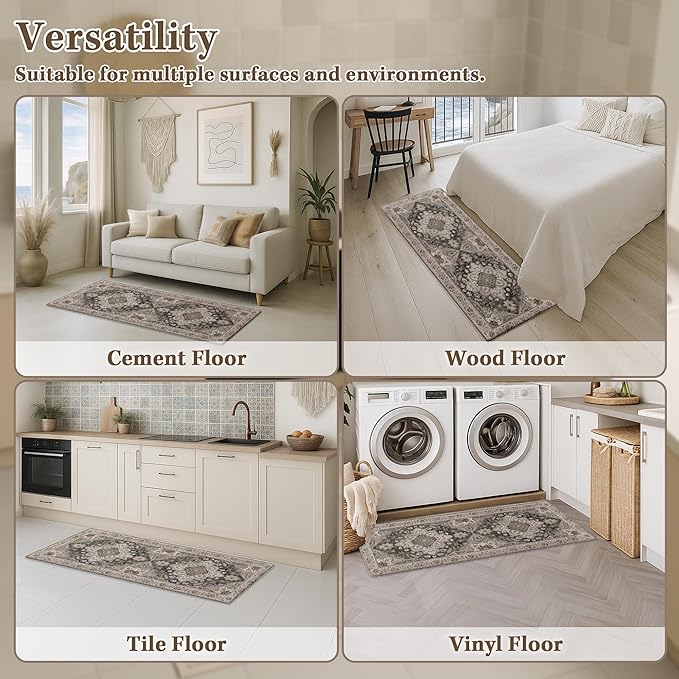 Arttown Kitchen Mats for Floor 2Pcs-Anti Fatigue Non Slip Mats for Kitchen Floor, Cushioned Waterproof & Stain-Resistant Boho Stripe Mat Set, Laundry Room, Office, Sink, Desk (Grey)