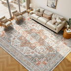 Lessymo 8×10 Area Rugs Washable for Living Room, Large Soft Indoor Rug Non-Slip for Bedroom Kitchen Dining Room Dorm Nursery, Vintage Boho Carpet Stain Resistant for Office Home Decor, Orange/White