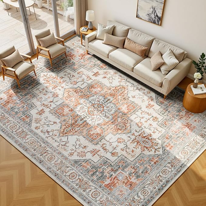 Lessymo 8×10 Area Rugs Washable for Living Room, Large Soft Indoor Rug Non-Slip for Bedroom Kitchen Dining Room Dorm Nursery, Vintage Boho Carpet Stain Resistant for Office Home Decor, Orange/White