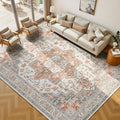 Lessymo 9×12 Area Rugs Washable for Living Room, Large Soft Indoor Rug Non-Slip for Bedroom Kitchen Dining Room Dorm Nursery, Vintage Boho Carpet Stain Resistant for Office Home Decor, Orange/White