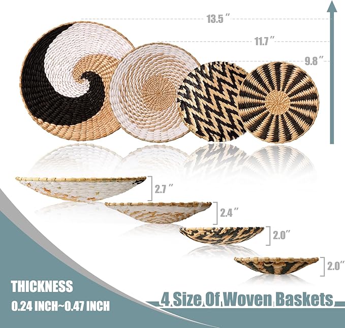 Hanging Woven Wall Basket Boho Decor Set, 4 Unique Handmade Seagrass Rattan Round Baskets Wall Decoration for Home Living Room Bedroom Rustic Coastal Farmhouse - Ready to Hang with Nails Included
