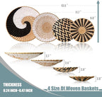 Hanging Woven Wall Basket Boho Decor Set, 4 Unique Handmade Seagrass Rattan Round Baskets Wall Decoration for Home Living Room Bedroom Rustic Coastal Farmhouse - Ready to Hang with Nails Included